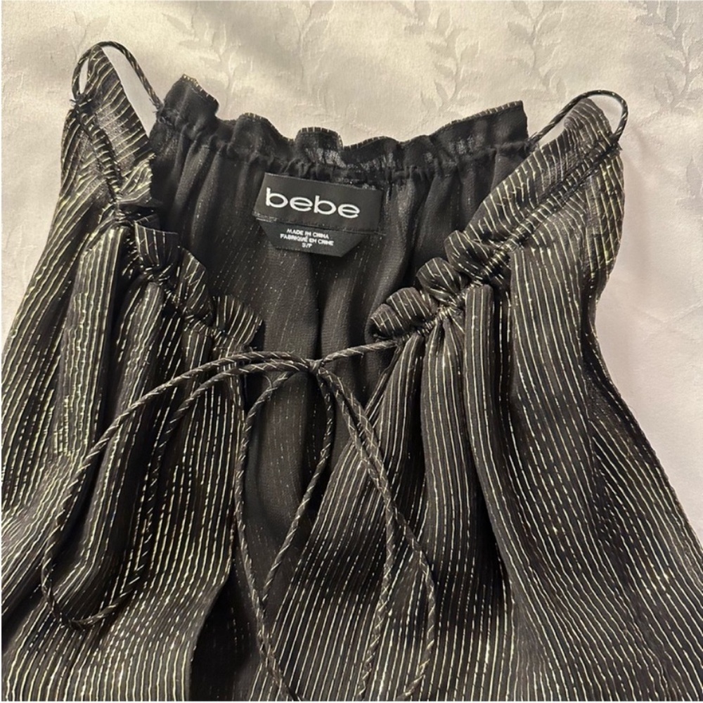 Bebe black and gold metallic tank blouse with neck tie S like new - Picture 5 of 8